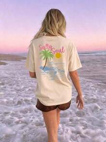 SALTY SOUL Women's Summer T-Shirt 2026, New Spring/Summer Collection, Coconut And Sun Print, Round Neck, Short Sleeve, Casual, Versatile, Essential Garment For Everyday Wear And Vacations. Women's Vacation Print T-Shirt, Loose And Comfortable, Summer Tops - 杏子 2 - 查看 6