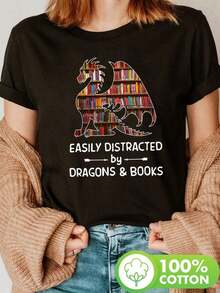 Dragon And Books Print T-Shirt, Short Sleeve, Round Neck, Casual Style For Spring And Summer, Women's Clothing - Black - View 7