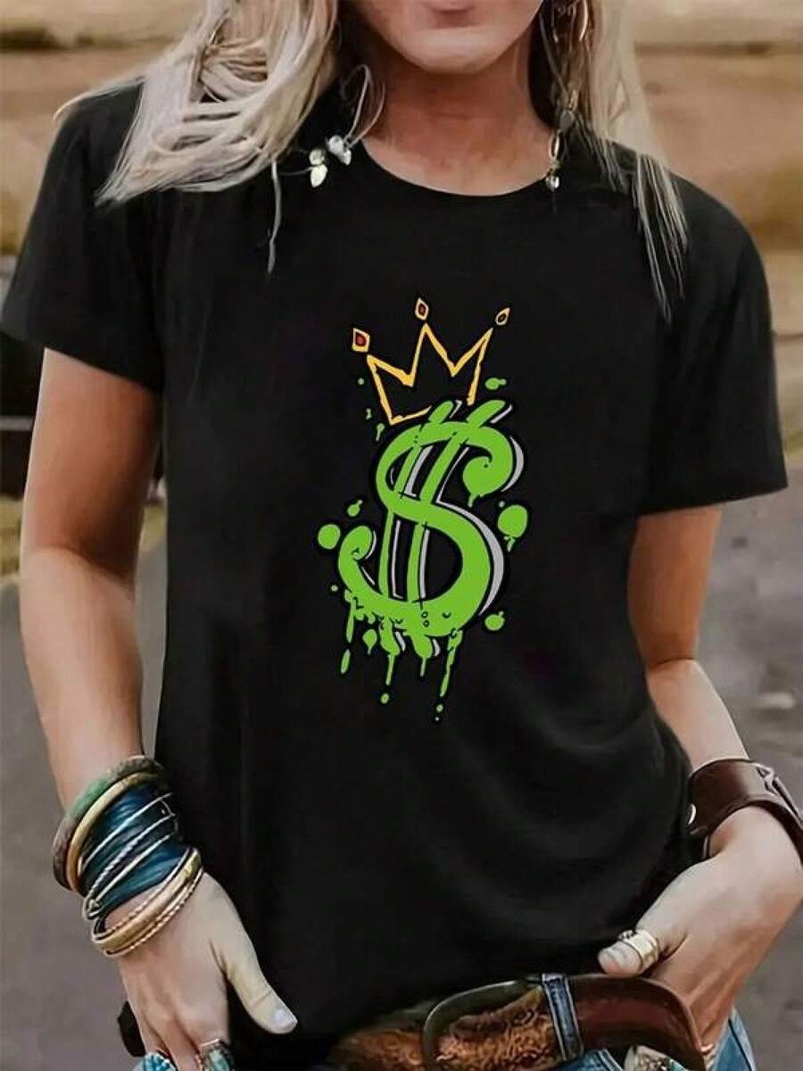 Unique Y2K Style T-Shirt With A Vibrant Dollar Sign And Crown Design In Bright Colors, Ideal For Standing Out With Its Urban And Modern Touch. Perfect For Fashion Lovers Who Seek Originality In Every Garment. Don't Miss Out, Only One Available! Comfortable And Versatile For School, Work, Outings, And Casual Events. - 黑色 - 查看 1
