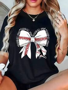 100% Cotton Printed T-Shirts, 'Baseball Mom' Print T-Shirt, Crew Neck, Comfortable Short Sleeve T-Shirt For Women, Breathable Casual Sports Top, Available In Multiple Colors, The Perfect Choice For Holiday Gifts. Casual Women's T-Shirt, Short Sleeve And Crew Neck, Local Spring/Summer Urban Fashion. - 黑色 - 查看 6