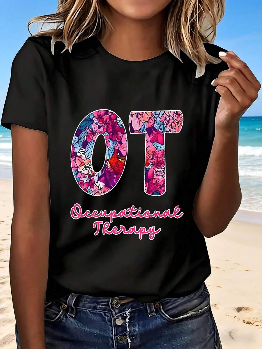 Occupational Therapy T Shirt With Floral Design OT Letters Pink Text Black Top For Women Fashionable Casual Wear Perfect Gift For Therapists Beach Outing Outdoor Leisure Activity - 黑色 - 查看 1
