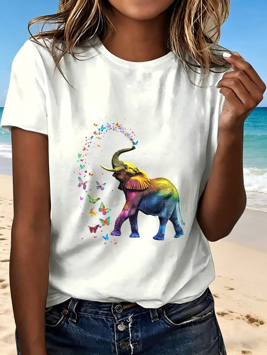 Rainbow Elephant With Butterflies Fashion Design T Shirt Women Casual Summer Beach Wear Perfect Gift For Her Outfit Cute Animal Print Top Lightweight Comfortable Streetwear Style Party Look Fun And Colorful Graphic Tee - 白色 - 查看 1