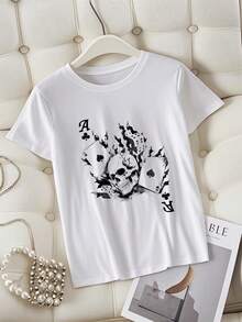 Camiseta Casual de Mujer con Estampado de Calavera Dados y Cartas de Poker Diseño Gráfico Original y Moderno - Blanco - Ver 7
