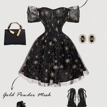 MOD Vestido mini elegante de fiesta con cintura ceñida y estampado floral con hombros descubiertos para mujer - Blanco - Ver 6