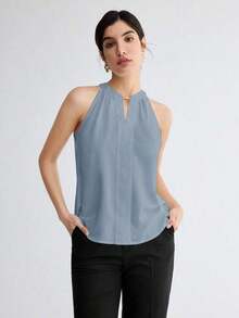 Camiseta de tirantes elegante con cuello de ojo de cerradura de unicolor, versátil para ir al trabajo, uso diario, retro romántico de los 90, adecuada para Navidad, Año Nuevo, San Valentín, fiesta, playa, graduación, moda, carnaval, vacaciones, in - Azul - Ver 5