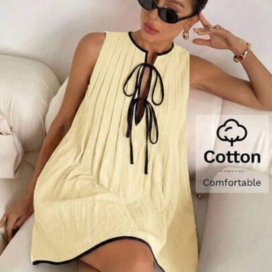 Vestido mini sin mangas con lunares en contraste para mujer - Amarillo claro - Ver 1