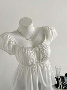 de mujer de unicolor con cuello cuadrado y manga corta, para vacaciones - Blanco - Ver 5