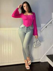 Elegante camiseta de manga abullonada con pliegues brillantes, versátil para citas y vacaciones - Rosa Fucsia - Ver 6