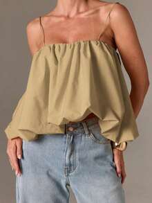 Top de camisola fruncido estilo bohemio con bajo abombado y tirantes ajustables para un estilo casual de verano - Beis - Ver 5