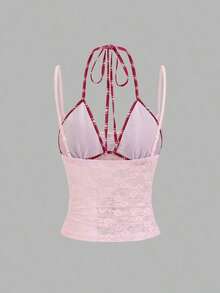 Nuevo diseño de camiseta sin mangas ajustada con rayas vintage y asimétrica 2 en 1 sexy para mujer, primavera/verano - Rosa - Ver 2
