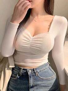 Blusa de manga larga con cuello de corazón y drapeado, ropa de otoño - Blanco 2 - Ver 1