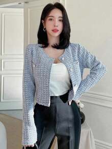Chaqueta Con Estampado De Cuadros Con Cuello Redondo Corto, Frente Abierto Y Mangas Largas - Azul - Ver 3