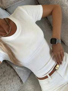Camiseta de manga corta minimalista de unicolor para mujer, uso casual de todos los días en verano - Blanco 10 - Ver 3