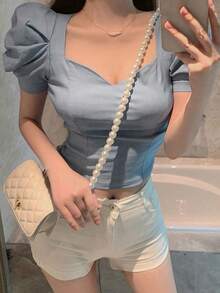 Blusa de unicolor con cuello de corazón y mangas abullonadas, blusas de manga corta, tops de verano lindos para mujer - Azul - Ver 4