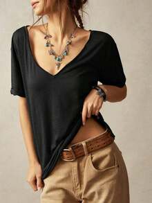 Camiseta casual de mujer de manga corta y cuello en V de unicolor holgada - Negro - Ver 3