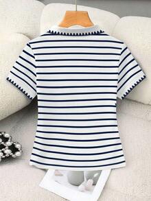 Camisa polo corta de mujer con estampado a rayas de equitación, cuello de color contrastante - Multicolor 10 - Ver 2