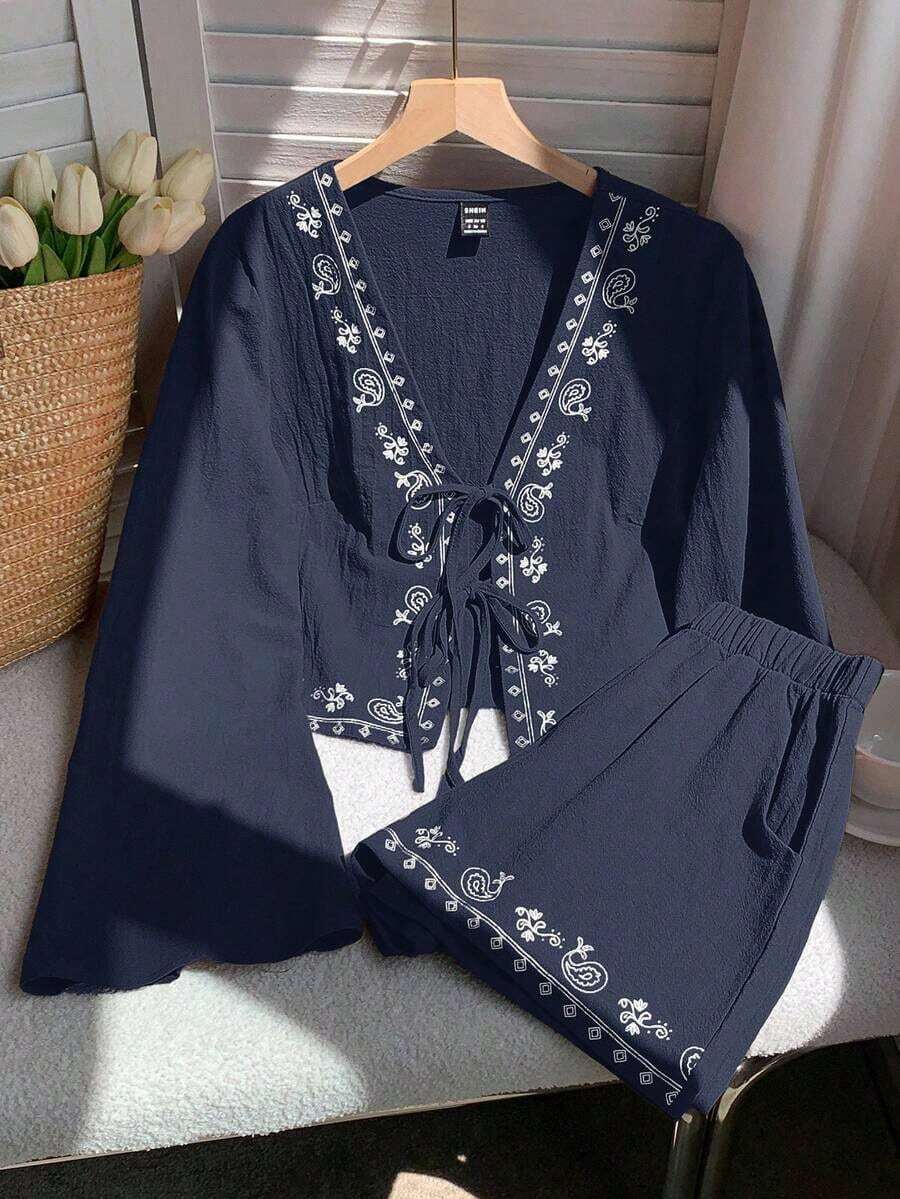 Conjunto de blusa con amarre al frente y shorts con estampado de anacardo para mujer, en estilo bohemio - Azul marino - Ver 1