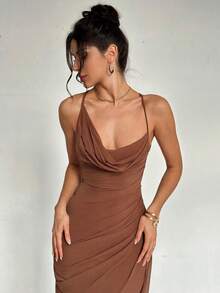 elegante y romántico de estilo elegante y sexy para mujer, adecuado para fiesta, vacaciones, vuelta al colegio, cita romántica y boda, vestido de fiesta, vestido largo con cuello drapeado, espalda descubierta y volantes con lazo - Café integral - Ver 5