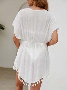Kimono ribete con fleco de cintura con cordón de manga murciélago - Blanco - Ver 2