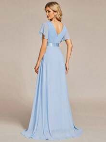 Vestido de dama de honor con cuello en V elegante, mangas con volantes y mariposa, color verde salvia, vestido de invitada de boda, vestido de primavera semi-formal para boda, fiesta de cumpleaños, graduación, Día de San Valentín - Celeste - Ver 8