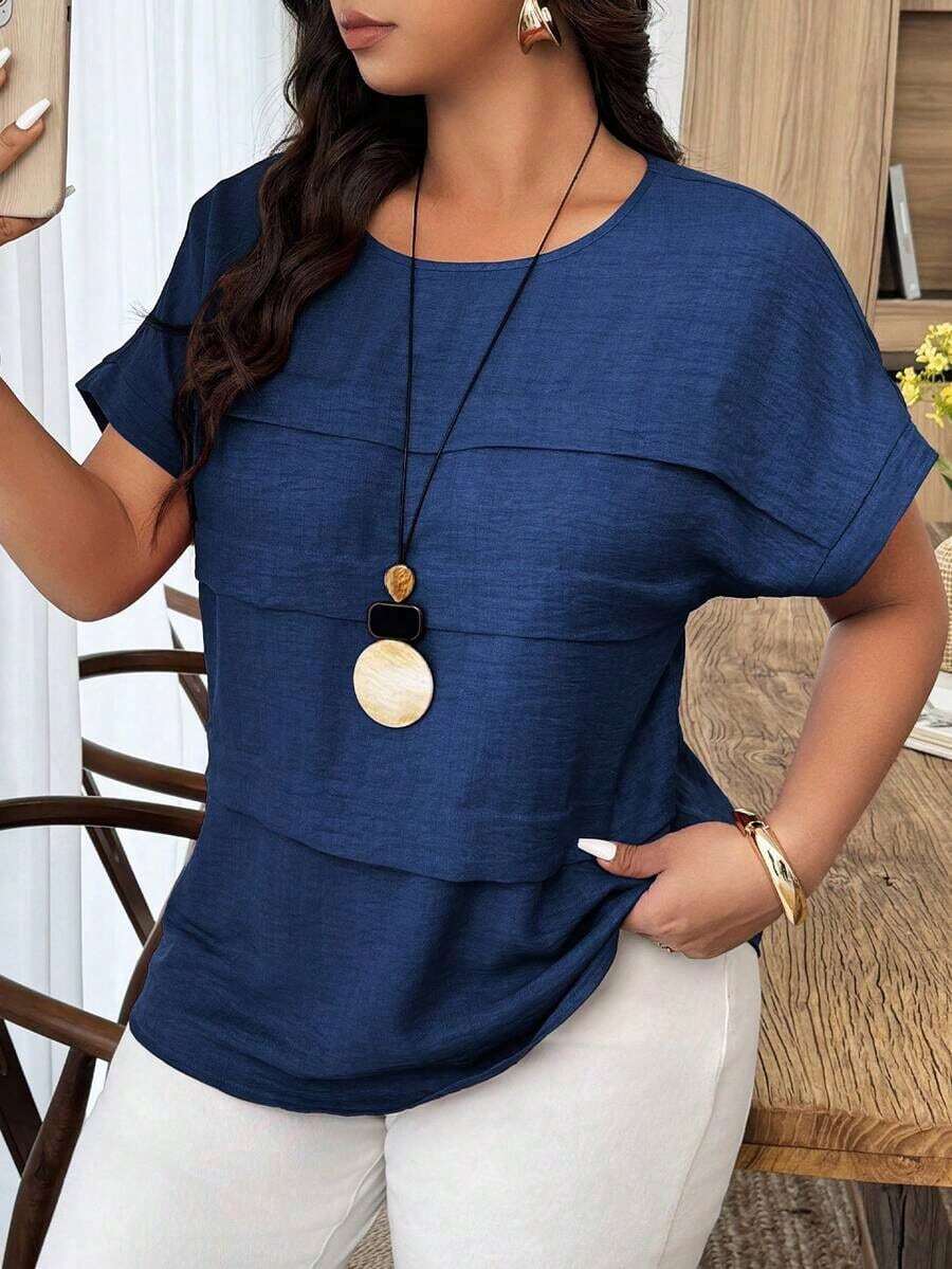 Blusa holgada de mujer talla grande con cuello redondo, mangas de murciélago y lunares en contraste, adecuada para uso diario y vacaciones, primavera/verano - Azul marino - Ver 1
