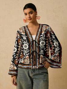 Camisa casual versátil de uso diario con estampado floral y nudo delantero para mujer de talla grande - Multicolor - Ver 4