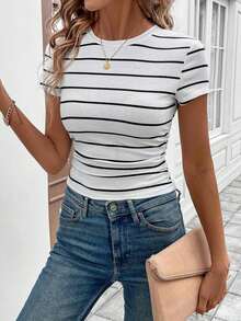 LUNE Conjunto deportivo de tiempo libre para atletismo, ciclismo, running, baloncesto - Camiseta casual cómoda de cuello redondo, ajustada, a rayas blancas y negras con recogido en la cintura, para mujer - Blanco y Negro - Ver 5