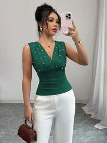Camiseta de mujer elegante y romántica con perlas beige - Verde Oscuro - Ver 4
