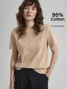 Camiseta casual de mujer de manga corta con cuello redondo, diseño de rayas de palillo de dientes de unicolor, adecuada para uso casual urbano de primavera/verano, moda minimalista, viajes de oficina, sencillez elegante, atuendo para el Día d - Caqui - Ver 1