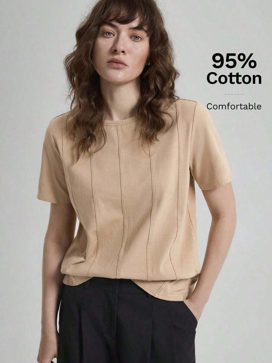 Camiseta casual de mujer de manga corta con cuello redondo, diseño de rayas de palillo de dientes de unicolor, adecuada para uso casual urbano de primavera/verano, moda minimalista, viajes de oficina, sencillez elegante, atuendo para el Día d - Caqui - Ver 1