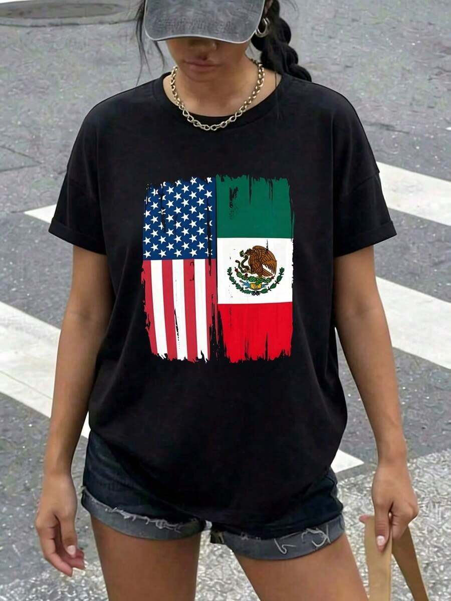 Camiseta Oversize para Mujer con Gráfico de Bandera Dividida de EE.UU.y México, Cuello Redondo Casual, Manga Corta, Corte Holgado, Orgullo Mexicano Americano, Ropa Urbana para el Cinco de Mayo, Verano, Vacaciones, Uso Diario, Regalo para Ella - Negro - Ver 1