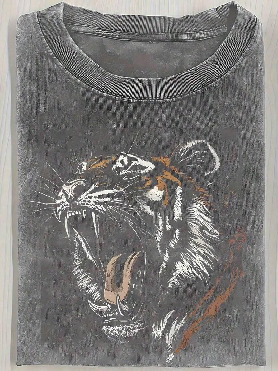Short-Sleeved T-Shirt With Retro-Style Tiger Portrait Print, 230g, Heavy Wash, Batik, Double-Sided Print, Men's Short-Sleeved T-Shirt, Outdoor Sweater, Vintage Wash, 100% Cotton, For Everyday Use. - 灰色 - 查看 1
