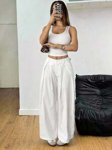 Pantalones anchos de verano con dobladillo curvo verde, estilo vintage, casual y para salir - Blanco - Ver 4