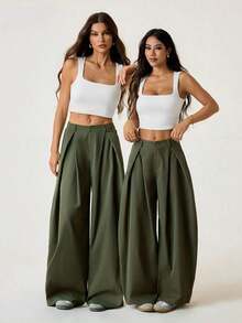 Pantalones anchos de verano con dobladillo curvo verde, estilo vintage, casual y para salir - Verde militar - Ver 6