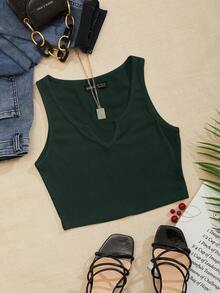 Top corto de punto acanalado de unicolor minimalista para uso casual y de oficina para mujer - Verde Oscuro - Ver 4