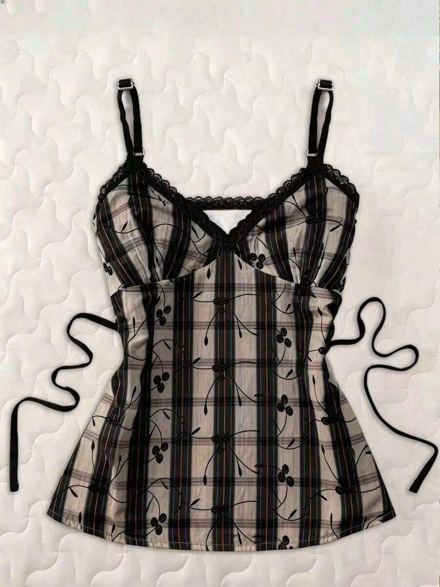 Camiseta de tirantes con estampado de cuadros y cerezas para mujer - Multicolor 3 - Ver 1