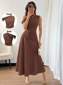 Vestido de cóctel elegante de estilo francés bohemio y chic con detalles de volantes, cuello asimétrico y silueta de línea A en color verde macaron, ideal para vacaciones, días festivos, graduación, citas - Cafetería - Ver 12