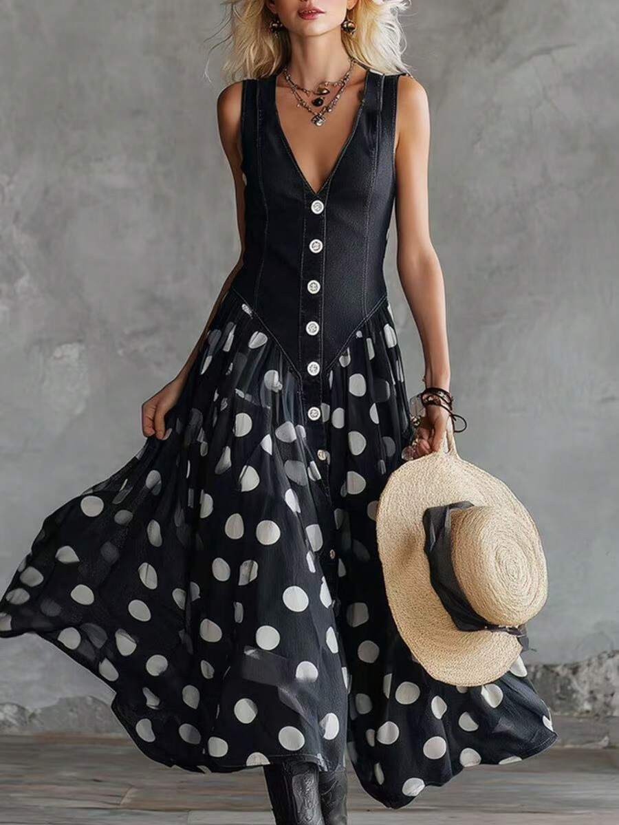 Sleeveless Chiffon Maxi Dress With V-Neck, Polka Dot Print, Buttons And A-Line Cut For Women, Casual Bohemian Style, With Flared Hem. - 黑色 - 查看 1