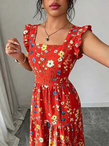 Vestido de mujer con cuello cuadrado, cintura ceñida y mangas acampanadas con estampado multicolor. Elegante y sofisticado, adecuado para el Día de San Valentín, Pascua, Día del Trabajo, cumpleaños, citas, fiestas, ocasiones formales, atuendo de maestra, looks de alta vibra, viajes y vacaciones, ropa de calle, primavera y verano - Blanco - Ver 5