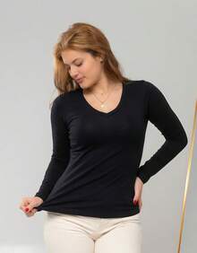 Set Of 2 Long Sleeve T-Shirts, Base Layer Blouses, V-Neck, Slim Fit, Workwear, Winter, Basic, Plain - Hitam dan Putih - View 7