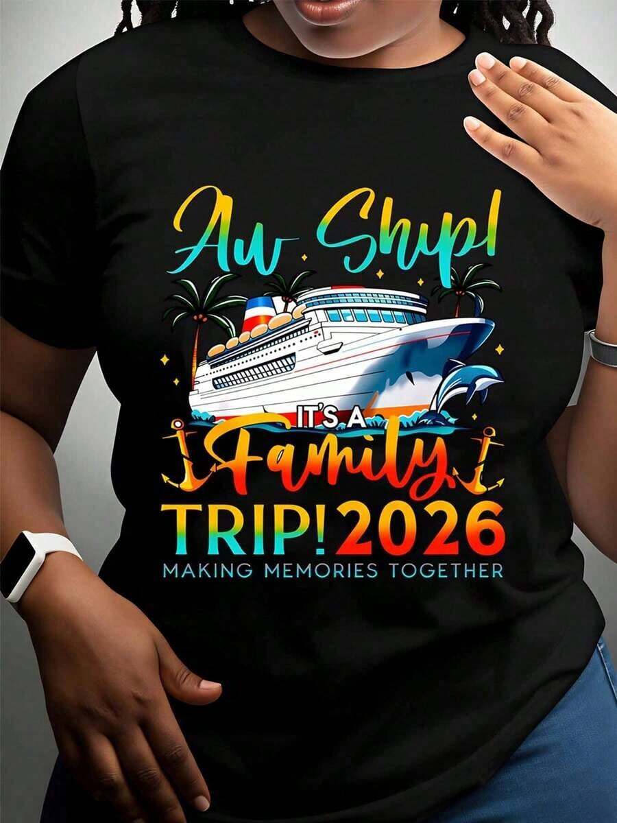 Women's Cotton T-Shirts Ah Ship Its A Family Trip 2026 Making Memories Together Cruise Shirt For Family Vacation, Travel Souvenir, Summer Vacation Celebration Gift, Basic Women's Blouses - 黑色 - 查看 1