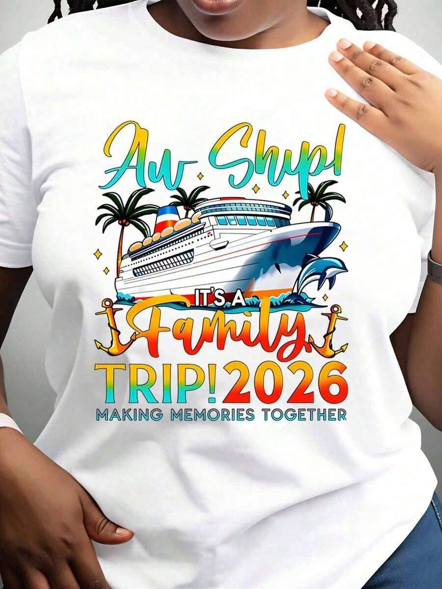 Women's Cotton T-Shirts Ah Ship Its A Family Trip 2026 Making Memories Together Cruise Shirt For Family Vacation, Travel Souvenir, Summer Vacation Celebration Gift, Basic Women's Blouses - 白色 - 查看 1