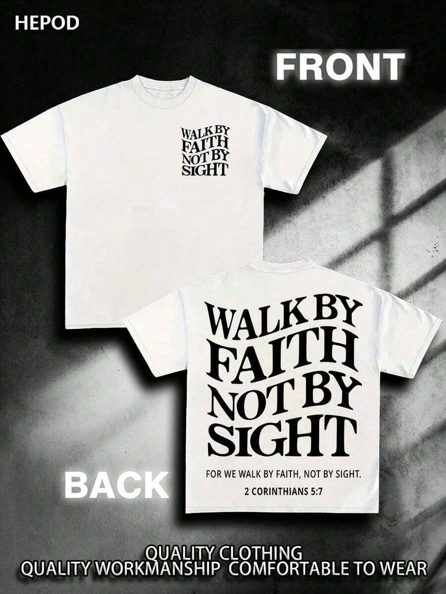 Premium Casual Unisex T-Shirts, Graphic Tees For Men, Urban Style Cotton T-Shirt, Round Neck, Loose Fit, For Autumn Travel And Holidays, Unisex, Gothic And Y2K Style, Print "Walk By Faith, Not By Sight". - 白色 3 - 查看 1