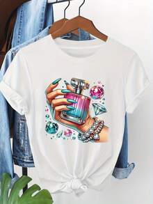 Camiseta de mujer de manga corta y cuello redondo casual de primavera-verano con estampado de frasco de perfume de moda y gemas, para salidas diarias y celebraciones de festivales - Blanco - Ver 7