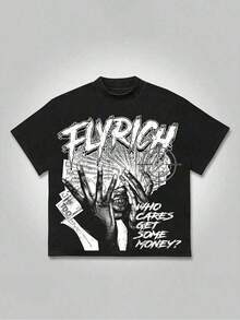 Flyrich - Money - Centric Street - Wear Tee, Casual Print, Comfortable And Versatile, Letter Pattern Pure Cotton Printed T-Shirt - Black - View 2