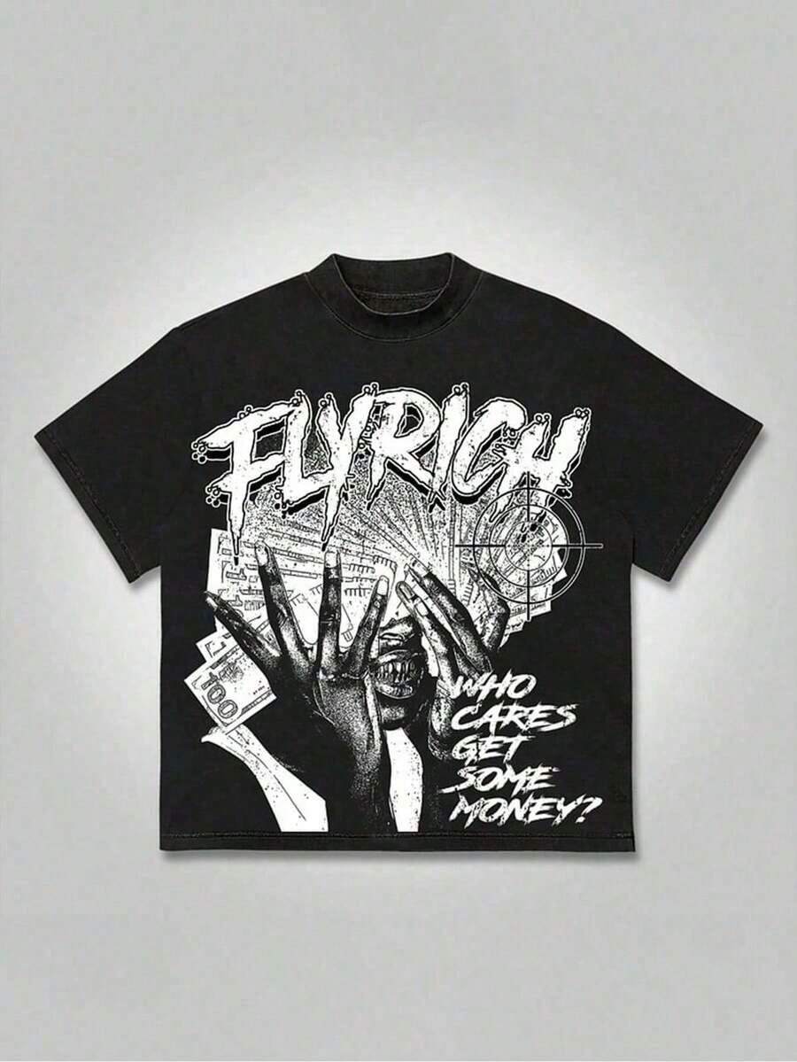 Flyrich - Money - Centric Street - Wear Tee, Casual Print, Comfortable And Versatile, Letter Pattern Pure Cotton Printed T-Shirt