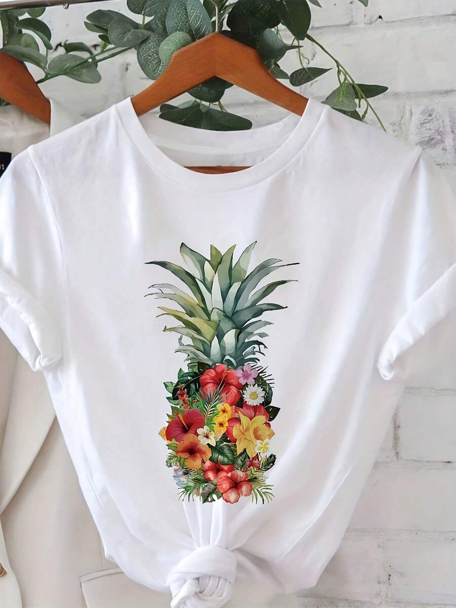 Women's T-Shirt With Tropical Floral And Pineapple Print - Casual Short Sleeve Crew Neck Top, Vibrant Spring Summer Design With Hibiscus And Palm Leaves, Lightweight And Breathable Fabric, Perfect For The Beach, Women's Clothing - 黑色 - 查看 1