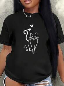 Camiseta de manga corta de poliéster, con estampados de gatos y mariposas, ligera y duradera, adecuada para el hogar, cafeterías o uso casual al aire libre.women's shirts - Negro - Ver 1