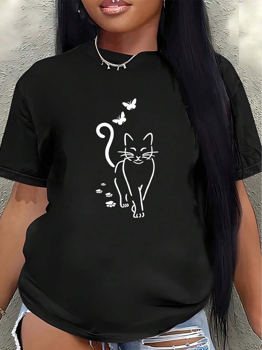Camiseta de manga corta de poliéster, con estampados de gatos y mariposas, ligera y duradera, adecuada para el hogar, cafeterías o uso casual al aire libre.women's shirts - Negro - Ver 1