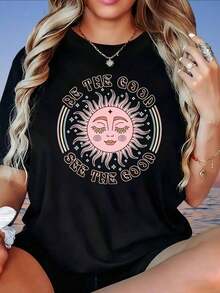 GraphicBe The Good See The Good Sun Face Camiseta con Gráfico de Arcoíris para Mujer, Top Casual de Verano, Estilo Boho, Corte Holgado, Camiseta Blanca, Camiseta para Mujer - Negro - Ver 1